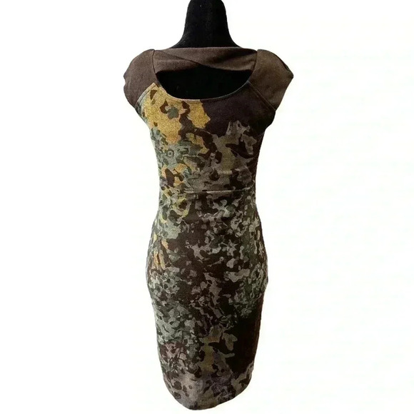 Le Chateau Midi Dress Sleeveless Stretch  Knit Brown Green Print Size XS - Picture 2 of 16